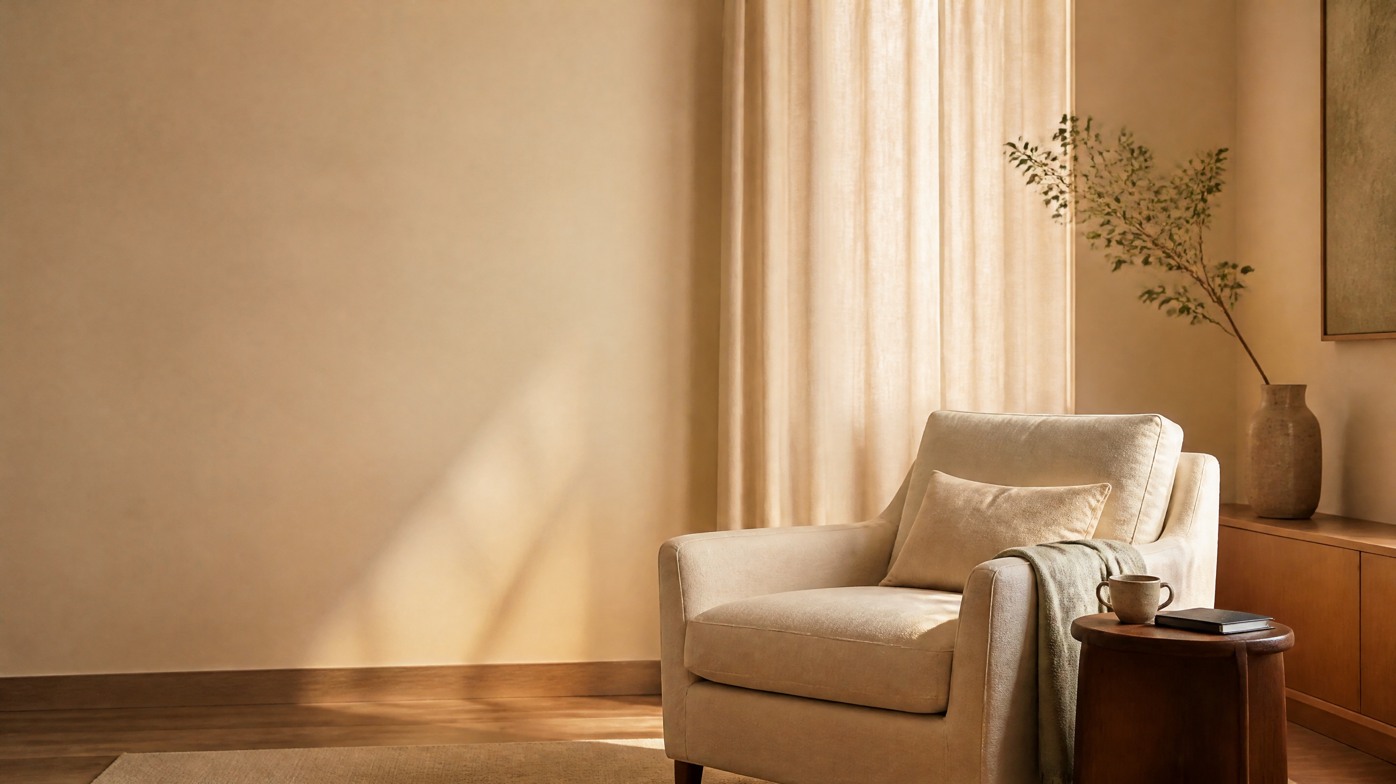 Sala de atendimento tranquila, com poltrona de linho, luz natural e detalhes em verde